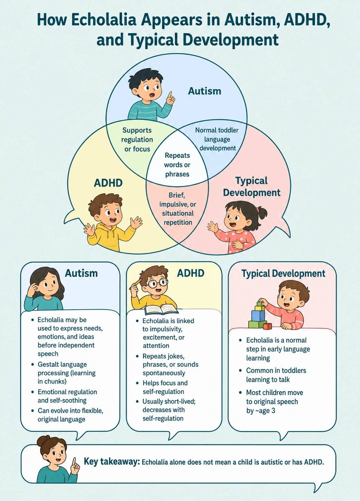 Echolalia can appear with autism, ADHD, or as part of typical childhood development