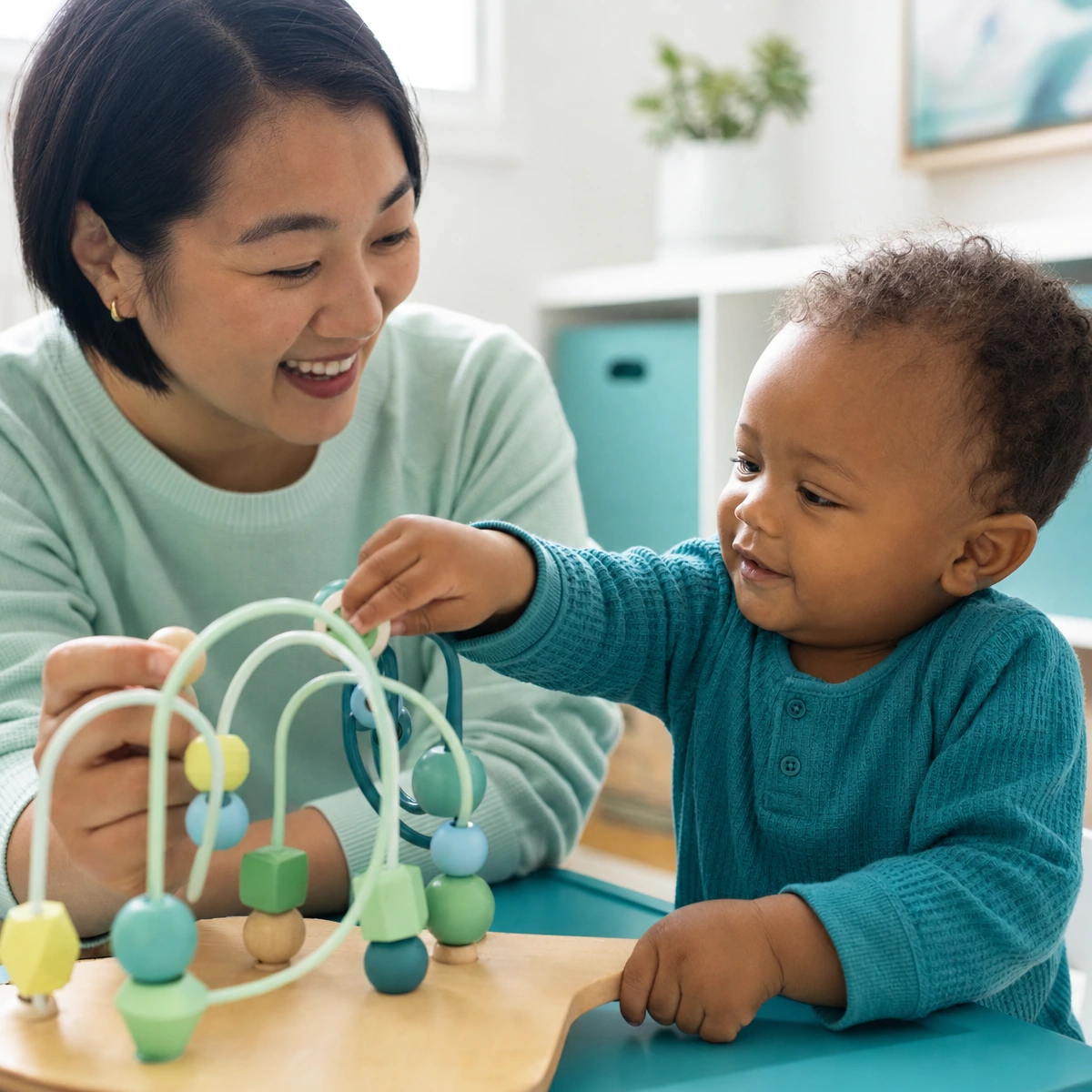 A caregiver supporting a young child's communication