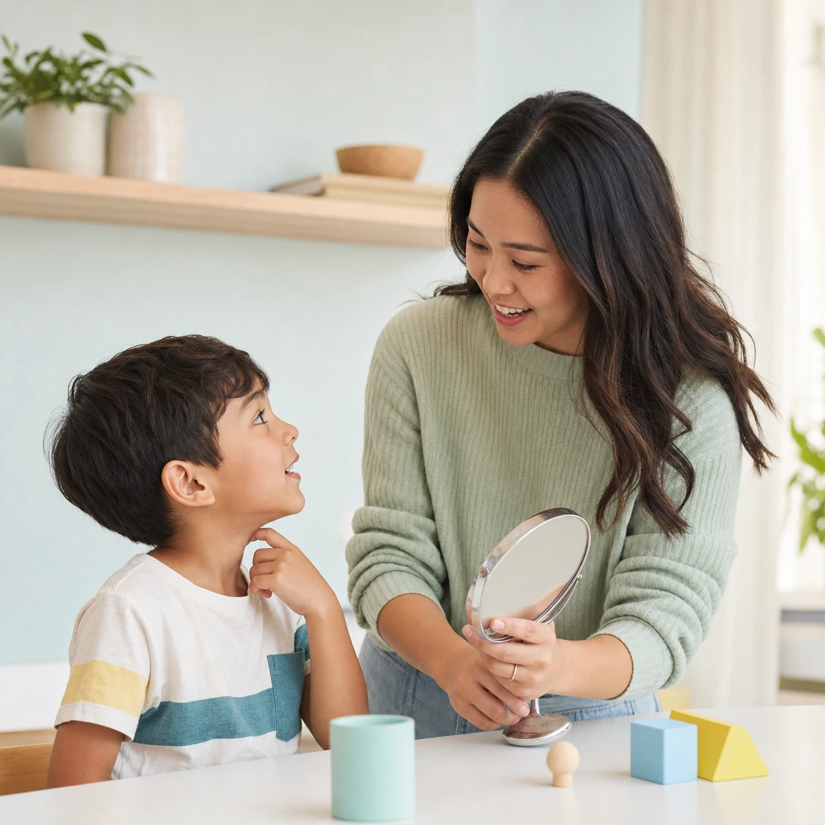 A speech therapist helping a child practice articulation