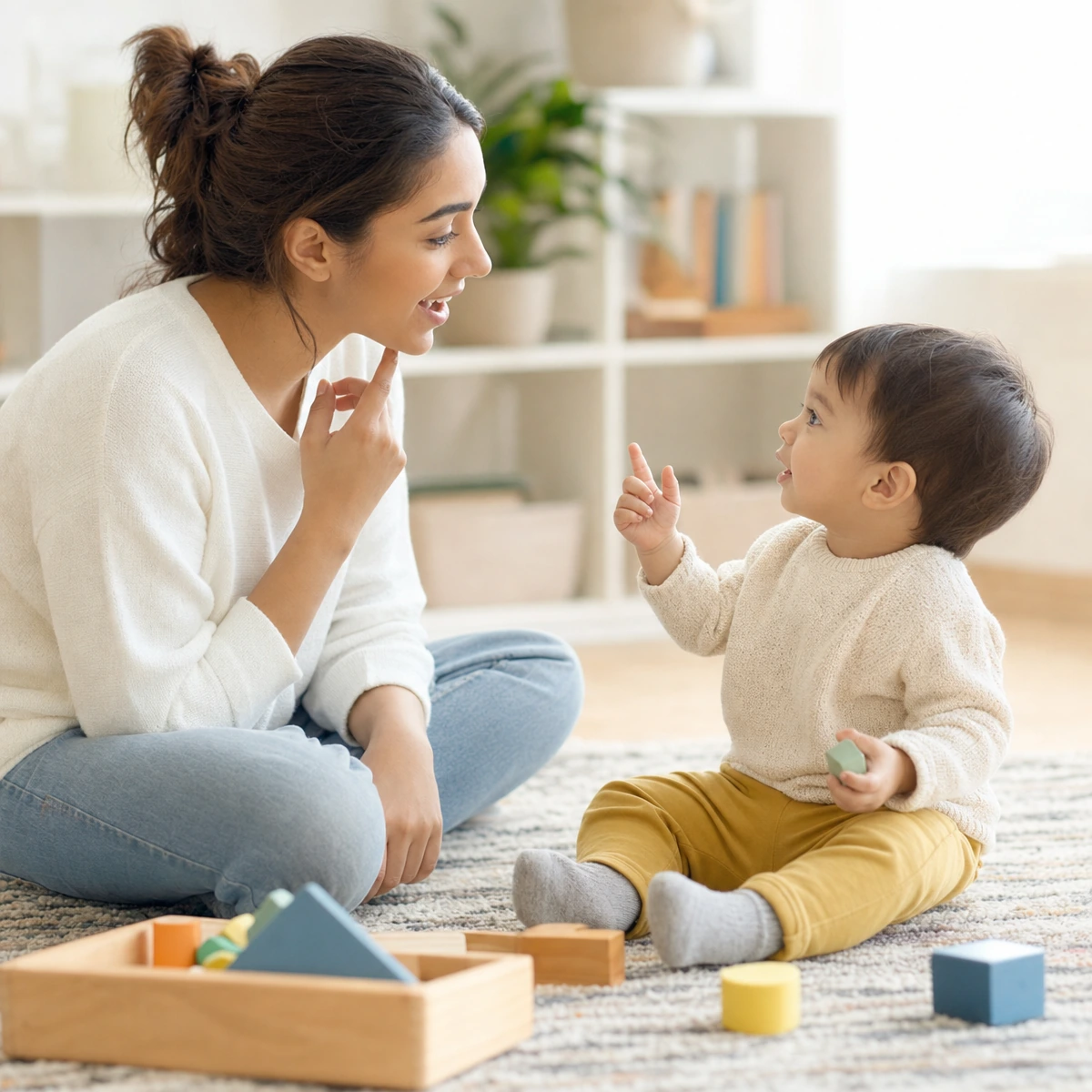 A child building early communication skills through play
