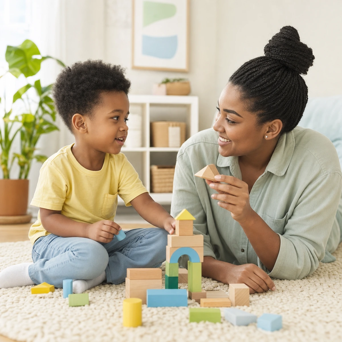 A caregiver and child communicating through play