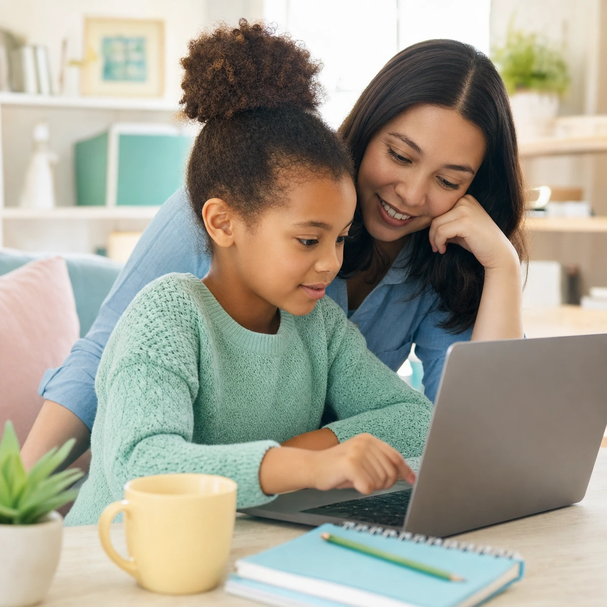 A parent and child using a laptop together